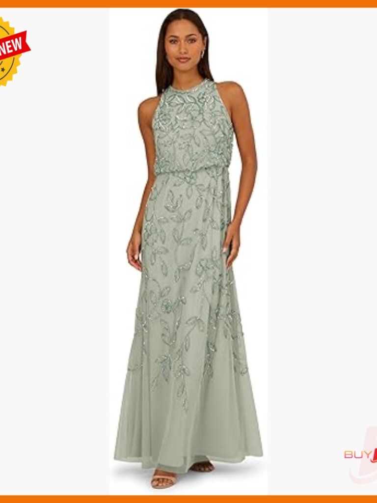 Beaded Mermaid Formal Gown Blouson Waist Crew Neck Sleeveless